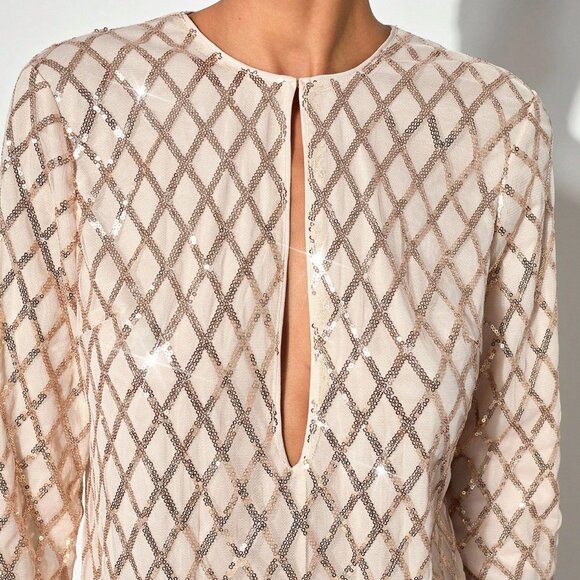 Women's Elegant Party Hollow Out bust Long Sleeve sequin Dress - Picture 4 of 6